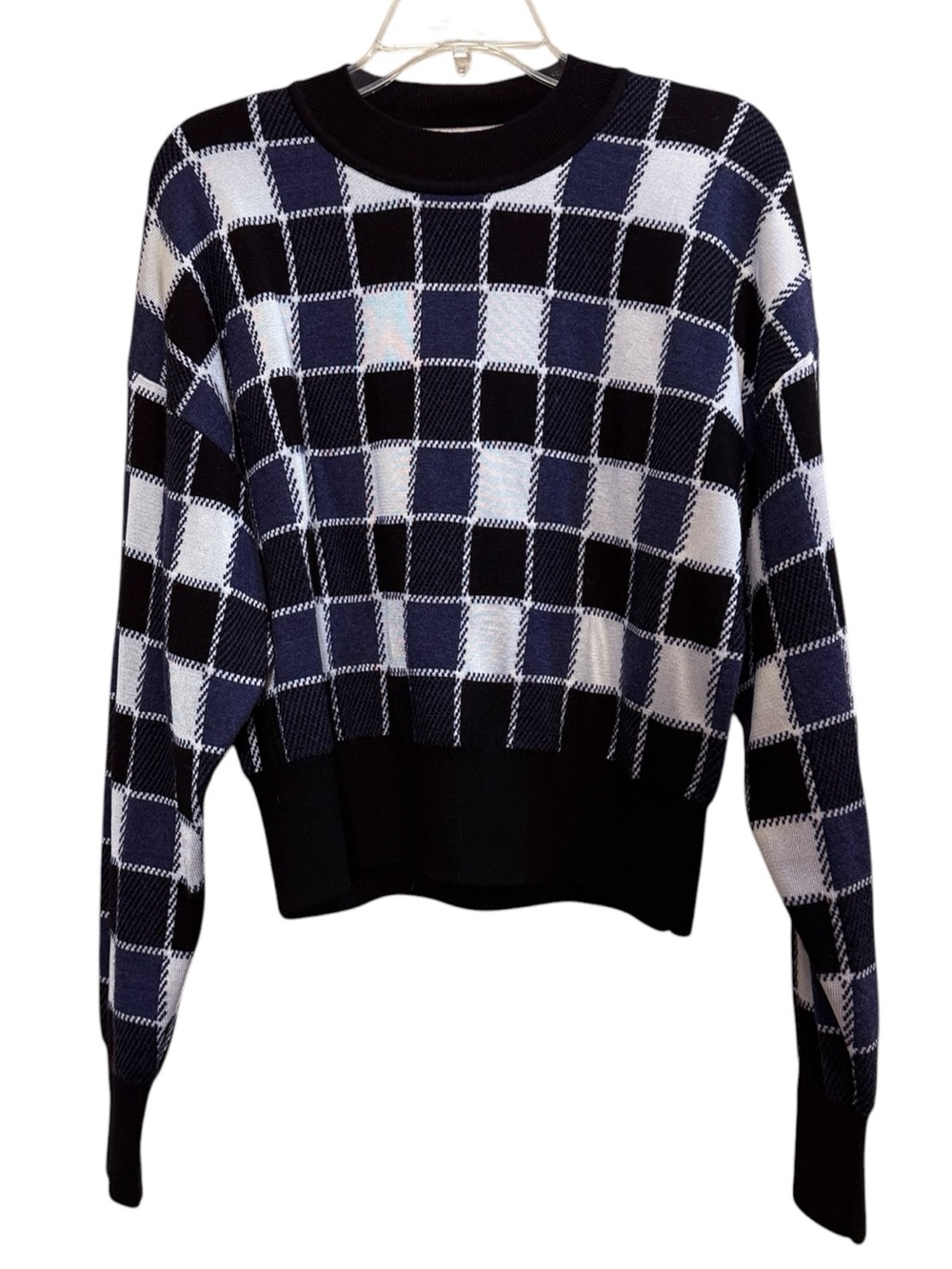Hugo Boss Fiametta Black & Blue Checkered Virgin Wool Viscose Blend Crewneck L